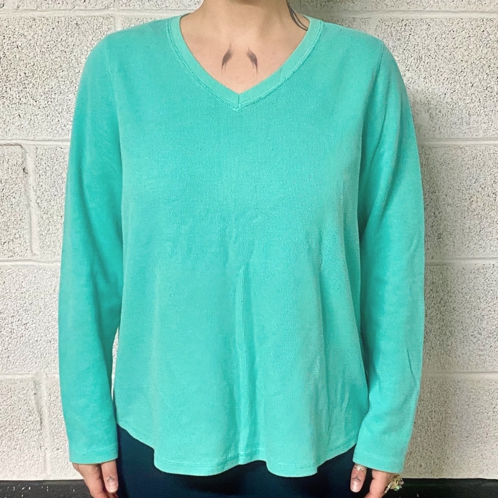 Cotton Teal Long-sleeve Shirt V Neck Size XL
